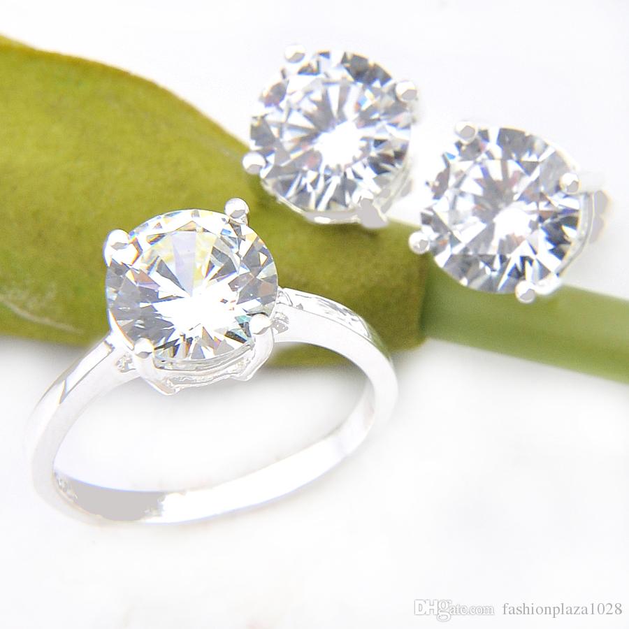 

LuckyShine Women Wedding Sets White Topaz 925 Silver Cz Zircon Ring Stud Earrings Women Set In stock