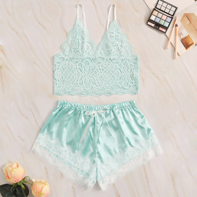 

Lingerie Sexy Transparent Bra Set Women Sleepwear Sleeveless Strap Lace Trim Satin Cami Tops Pajama Sets Bras with Panties Sets, Sky blue