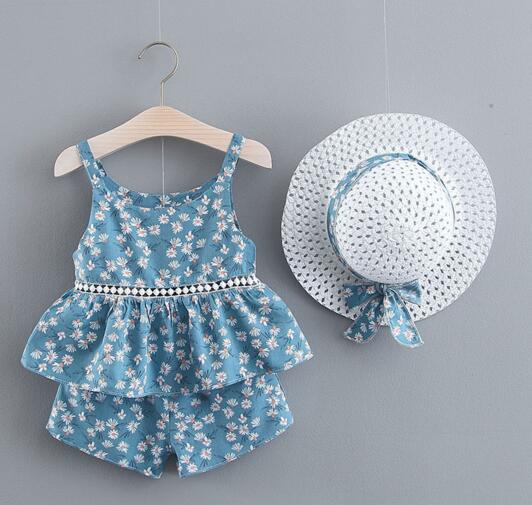 

baby Girl Kids Summer Clothing Sets Full Flower Print Suspender Shirt + Short +Hat Summer Girl clothing sets, 1 set=shirt + short +hat