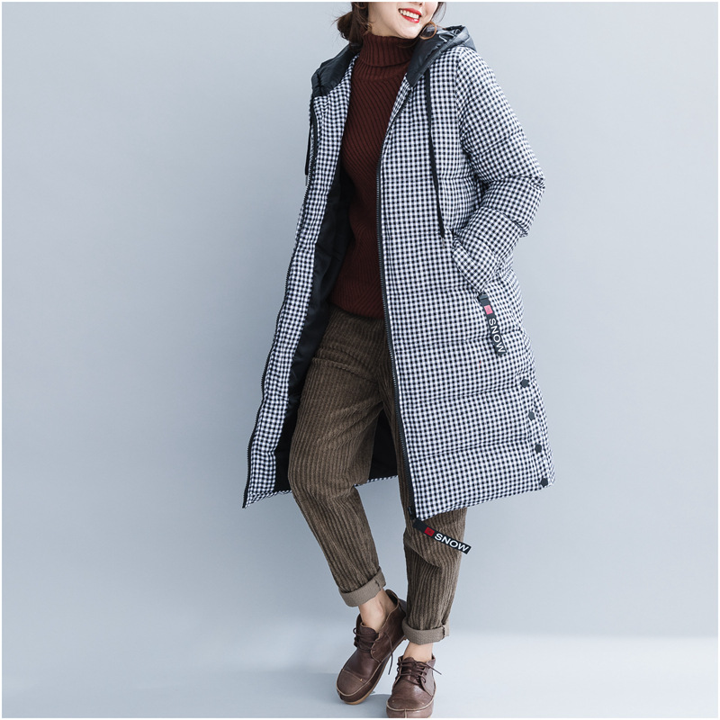 

Woman Clothes Winter Parka Plaid Hooded Women Plus Size Long Parka Zip Thick Casual Warm Coat Femme, White black plaid