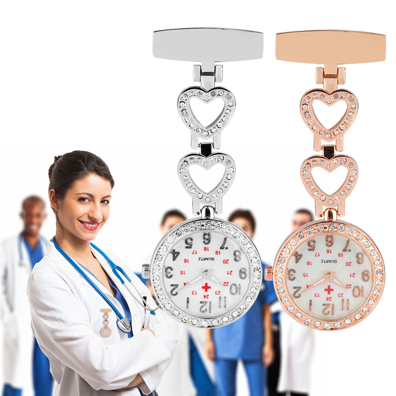 

Silver/Rose Gold Stainless Steel Nurse Watch Medical Heart Flower Diamond Design Doctor Fob Quartz Pocket Watches Pendant Clock, Rose red