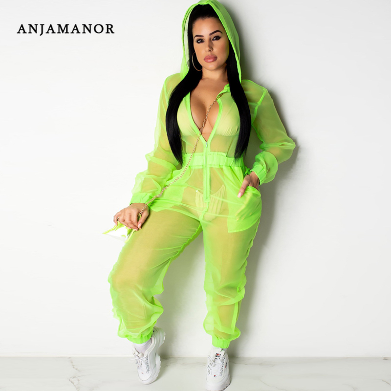 ANJAMANOR Sheer Mesh Casual One Piece Jumpsuit Women Organza Sexy Long Sleeve Zip Up Romper Neon Pink Green Orange D90-AC12 Y200422
