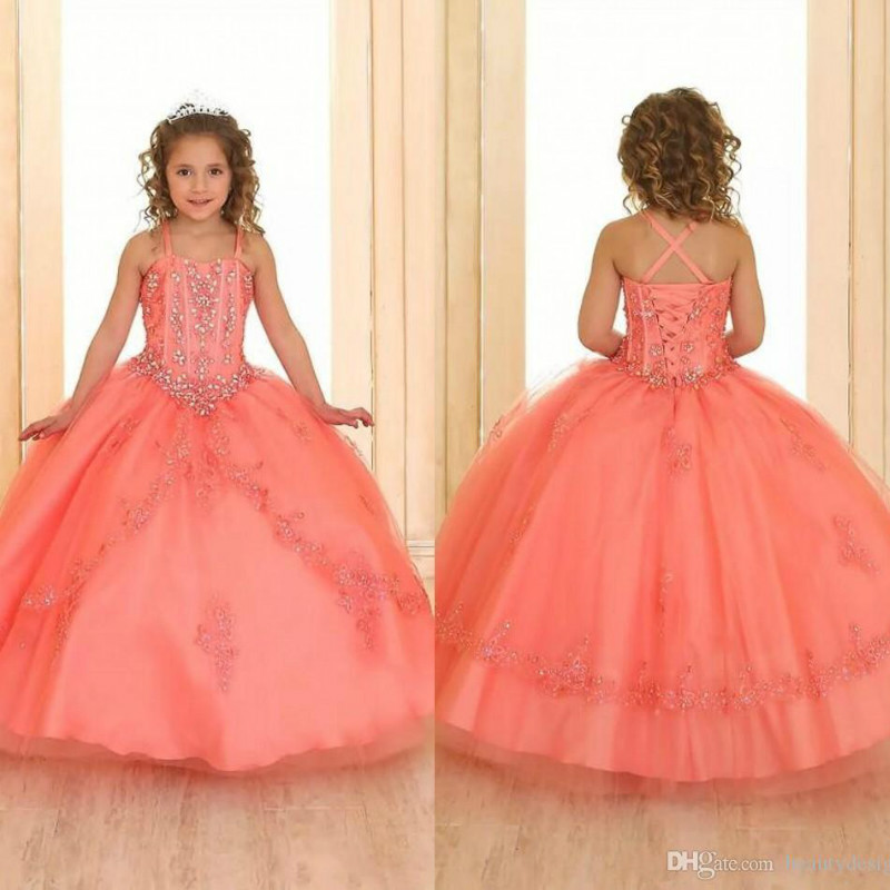 

2020 New Coral Crystals Beaded Girls Pageant Dresses Sleeveless Lace Organza Flower Girl Dresses Corset Back Pageant Gowns For Teens, Pink