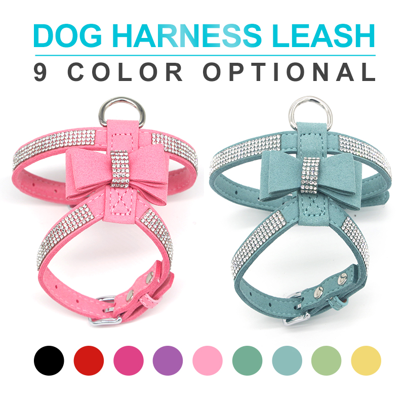 

Soft Suede Dog Harness Pet Vest Adjustable Shining Diamonds Bow Rhinestone Pet Cat Collar Harnesses For Small Medium Dogs Pet Product