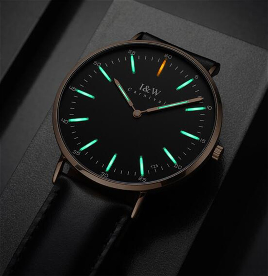 

Carnival Men Tritium Light Watch T25 Quartz Japan Movement Ultra Thin 6mm Tritium Gas Luminous Watch Gift 40mm, Blue light-black