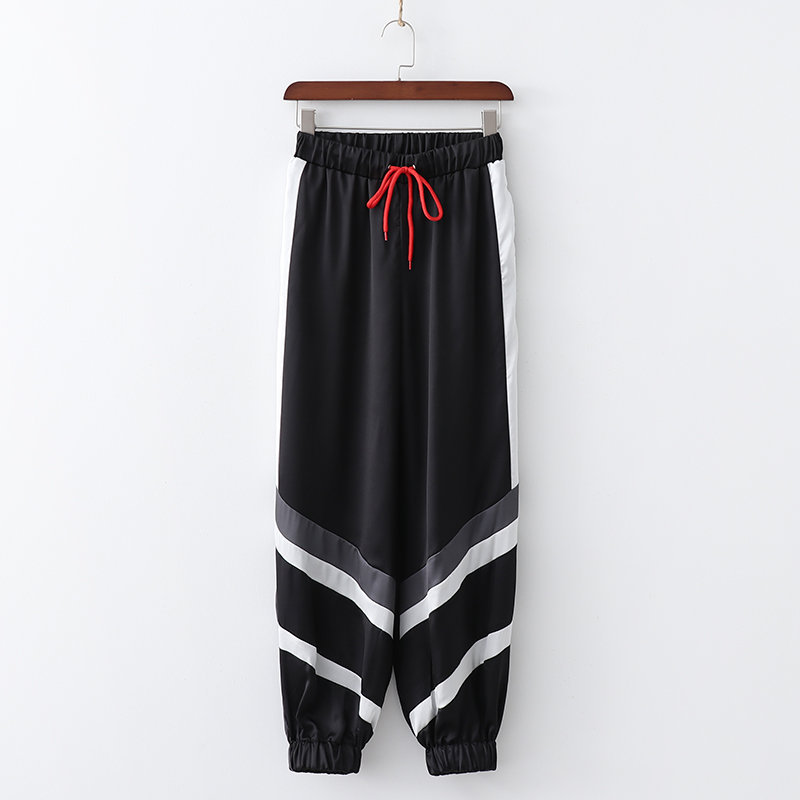 

Women' pants 2019 summer fashion black and white silver striped jogging pants elastic waist wild fitness casual
