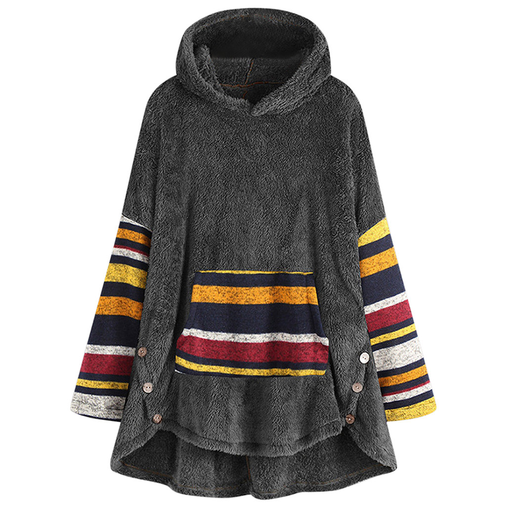

Fashion Womens Printing Plush Hoodies Cute Collar Pocket Hat Woolen Plush Fancy Hoodies Keep Warm Brief Pocket, Brown