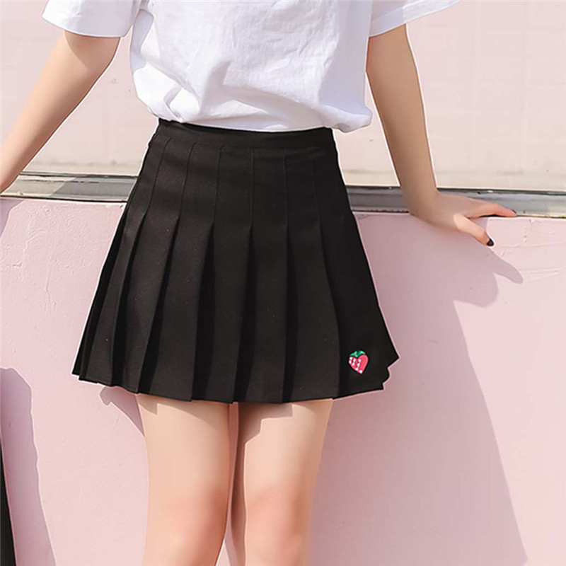 

Ladies Casual Wild Strawberry Pleated Skirt Mini Skirt Student 2020 New Mini Short Pleated Summer Shorts with strawberry, Black