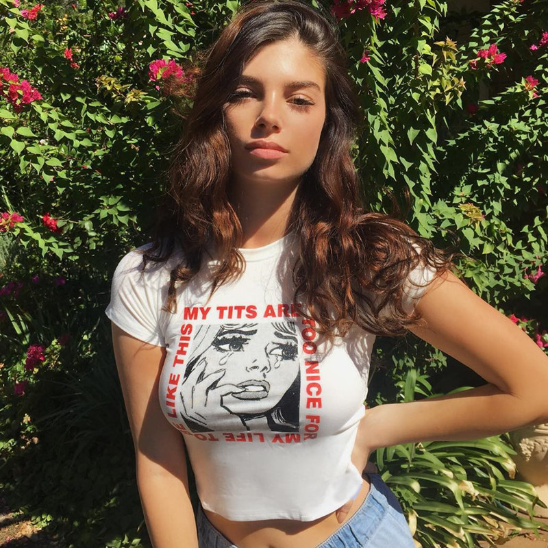 

New Womens Sexy Exposed Navel T-Shirt Tops Fashion Printing Short-Sleeved T-Shirt Fashion O Neck Women Tops, White