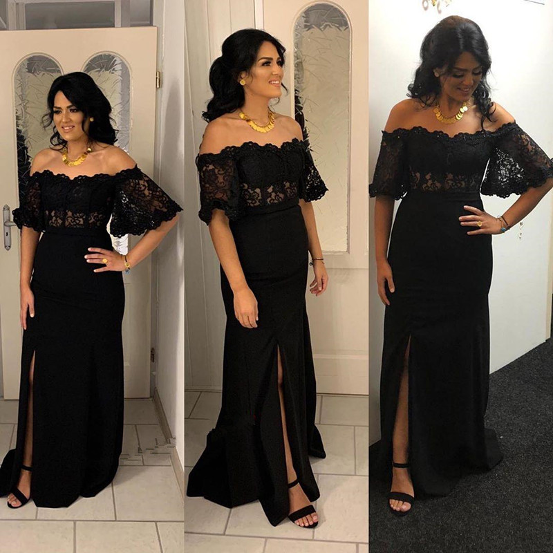 

Black Lace Short Sleeves Mother of the Bride Dresses Bateau Neck Long Side Split Mermaid Prom Gowns Wedding Guest Dress