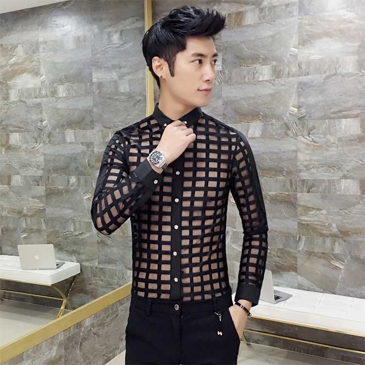 

Lace New Men See Through Party Prom transparent Sexy Long Sleeve Chemise Homme Baroque Shirt, Black