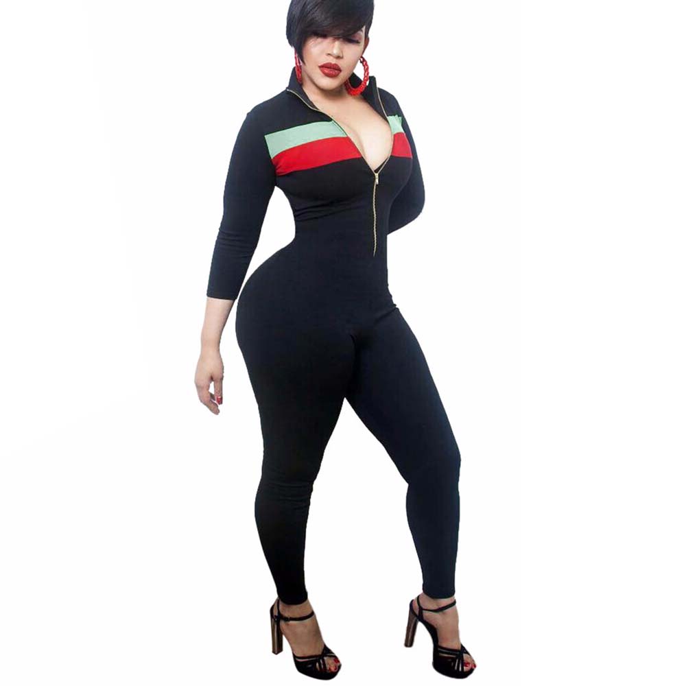 

Bodycon Jumpsuit Bodysuit Women Long Sleeve Women Overalls F0504 CHEAPEST Black Playsuit Long Pants Chest Zipper