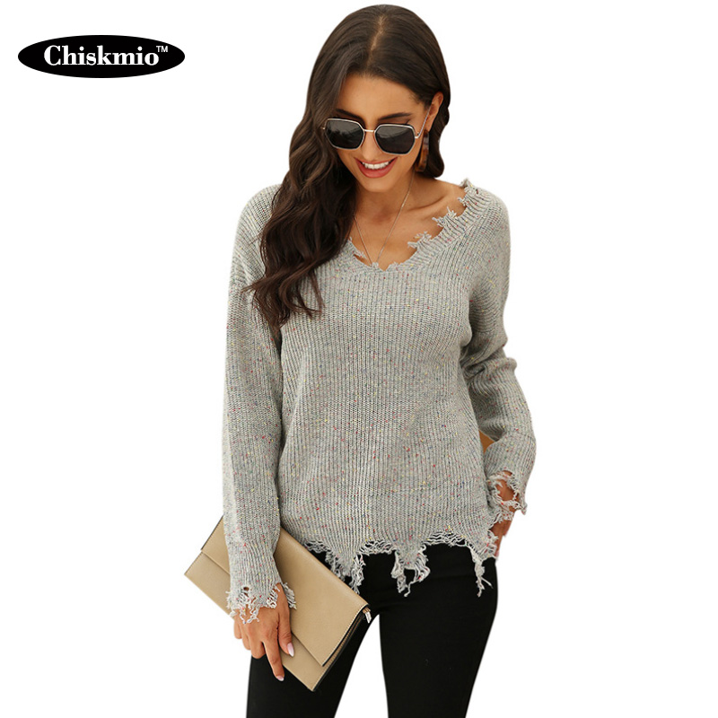 

Chiskmio Tassel Knitted Sweater Women V-neck Knitting Tops Colorful Speckle Pullover Loose Long Sleeve Ladies Knitwear clothing, Black