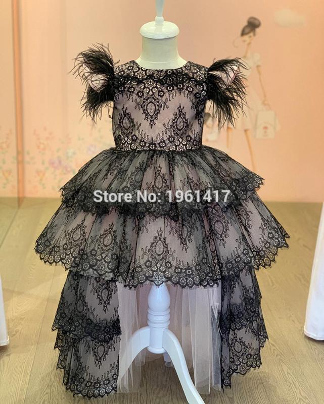 

New High Low Black Cute Flower Girls Dresses For Wedding With Feather Lace Ball Gowns For Birthday Party Custom Made AG0282, As pic