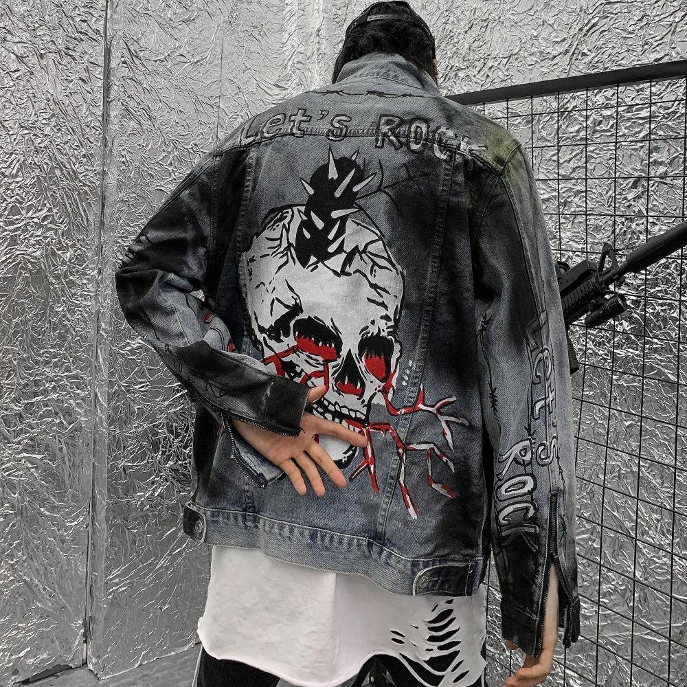 Tie Dye Skull Letter Print Mens Jeans Jackets and Coats Chaqueta Jeans Vintage Hombre Denim Coat Streetwear Bomber Jacket