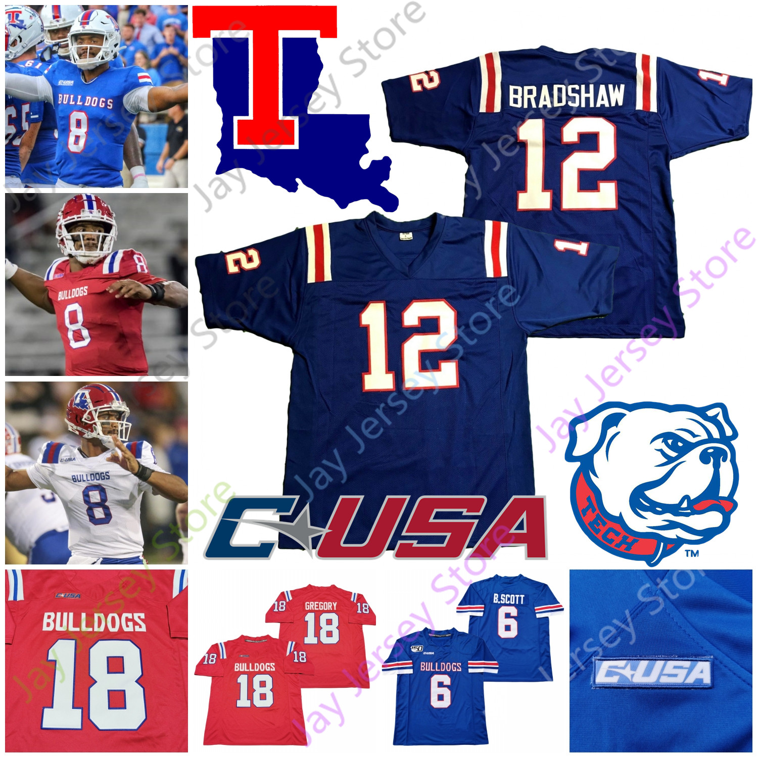 

Louisiana Tech Bulldogs Football Jersey NCAA College Terry Bradshaw J'Mar Smith Justin Henderson Stanley Mason Jay Powell Hardy Hebert Dancy, White