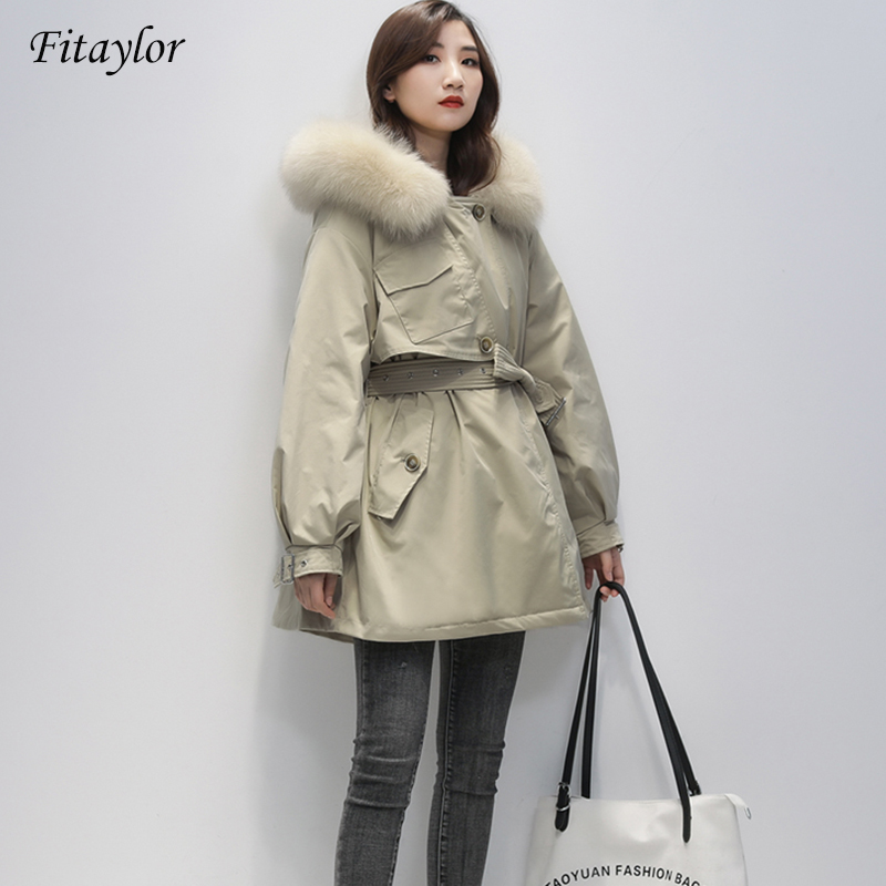 

Fitaylor Large Natural Fur Down Parkas Winter Women Jackets Thick Hooded White Duck Down Coat Snow Outwear, Beige