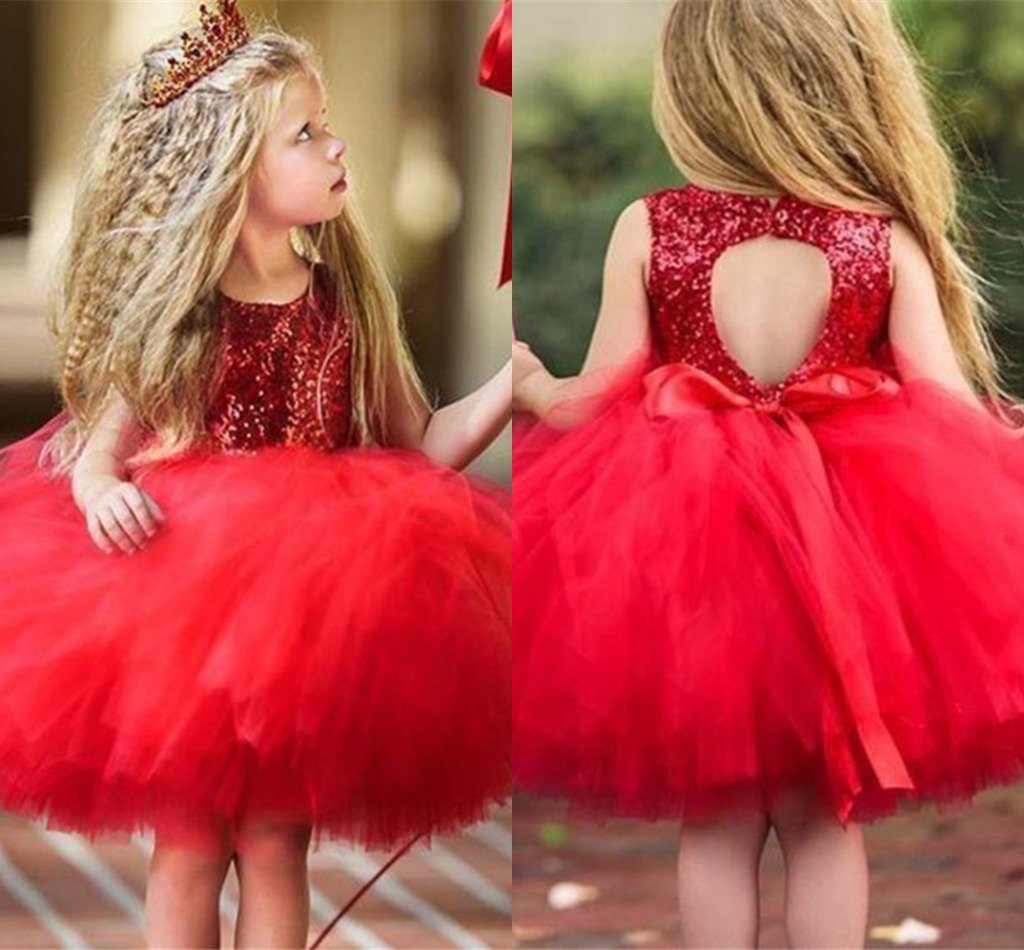 

Gorgeous Red Little Princess Ball Gown Flower Girl Dresses 2020 Spark Sequins Tutu Skirt Toddler Short Pageant First Communion Dress AL4132, Orange