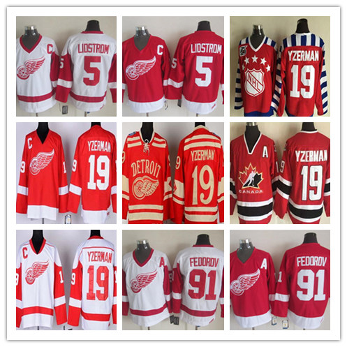 

Men's Retro Detroit Red Wings 5 Nicklas Lidstrom 91 Sergei Fedorov 19 Steve Yzerman Jersey CCM Vintage Winter Classic White Red Alternate, Yellow