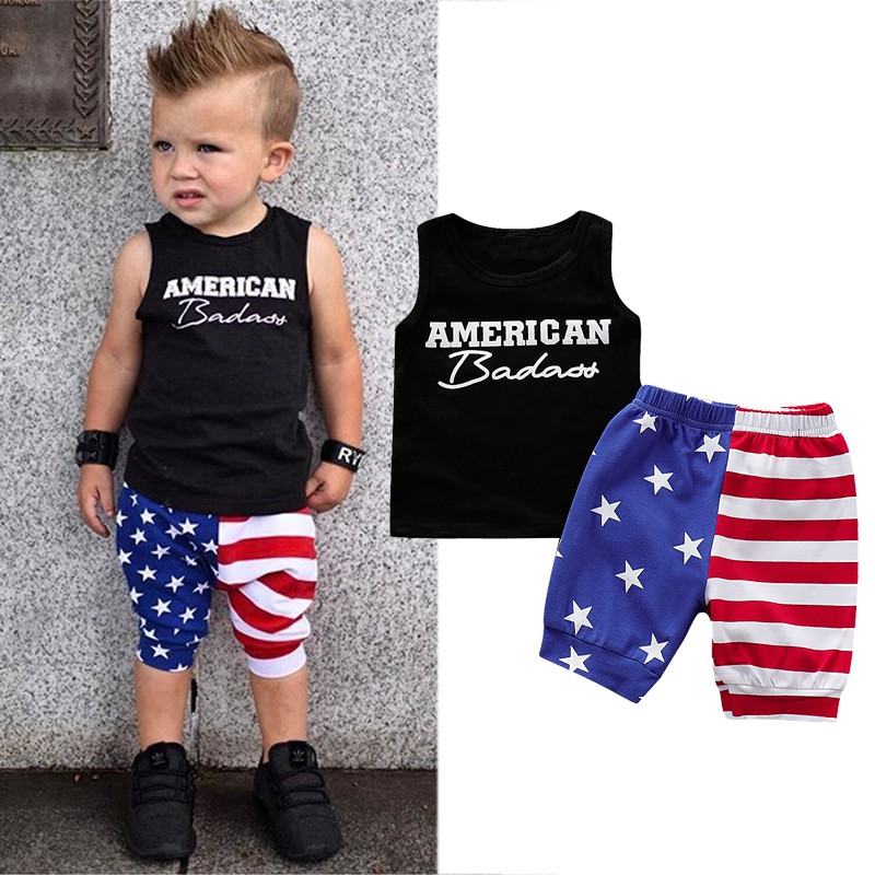 

2Pcs/Set Summer Baby Boy Adorable Letter Print Sleeveless Vest Tops Star Stripe Pattern Shorts Casual Outfits, Customize