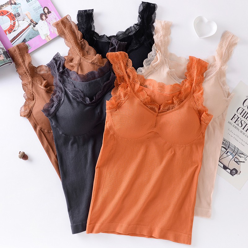 

Fashion Women Lace Camisole With Chest Pad Tank Tops Female Sexy Solid Color Bottoming Vest Femme Underwear Hot