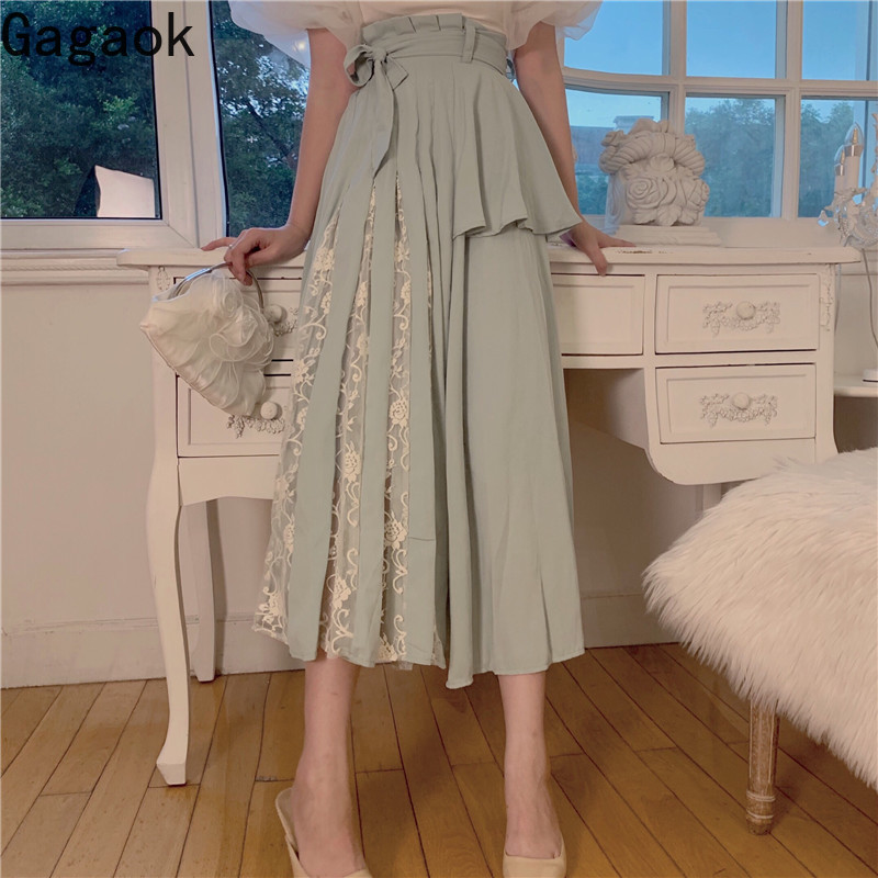 

Gagaok Women Preppy Style Skirt Spring Autumn New Solid A-Line Mid-Calf Lace Bandage Slim Wild Chic Female Fashion Skirts, As shown