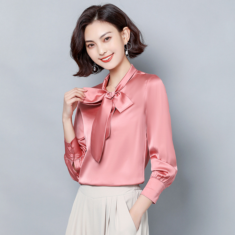 

luxury runway designer silk bow shirts women fashion long sleeve casual ladies slim shirt blouses elegant slim office shirts tops, White