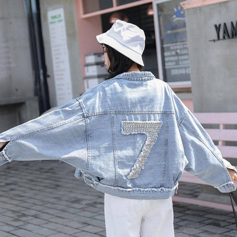 

New Korean version of heavy work beaded back hole denim, Pearl