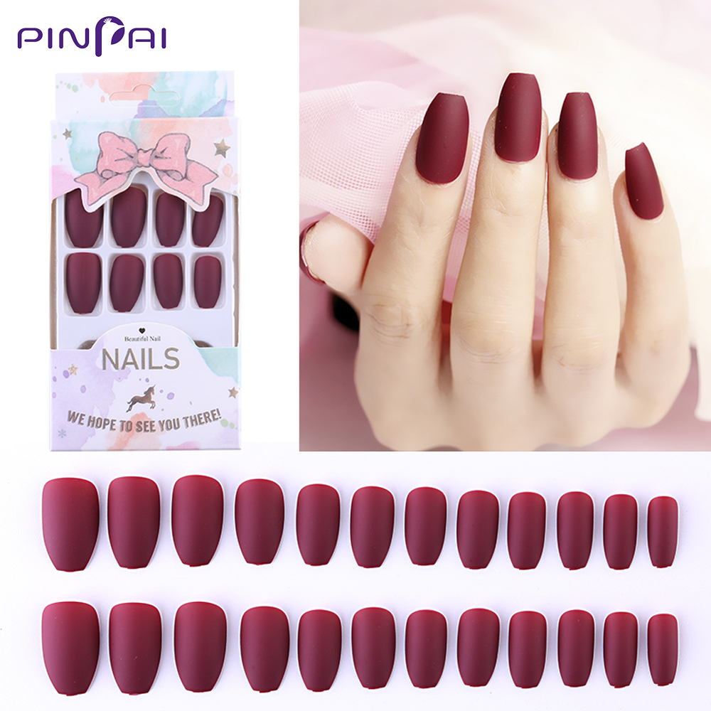 

24 Pcs/Set Frosted Matte Reusable False Nails 5 Color Mixed Size Designs Full Nail Tips Press On Fake Nail Ballet Manicure Tools, Style 5