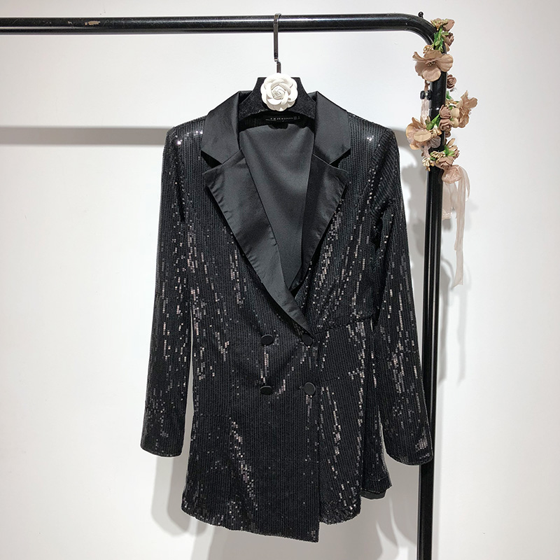 

Cakucool Women Spring Shiny Black Sequined Outerwear Slim Long Sleeve Chic Jumpers Blazer Design Overalls Playsuits Female
