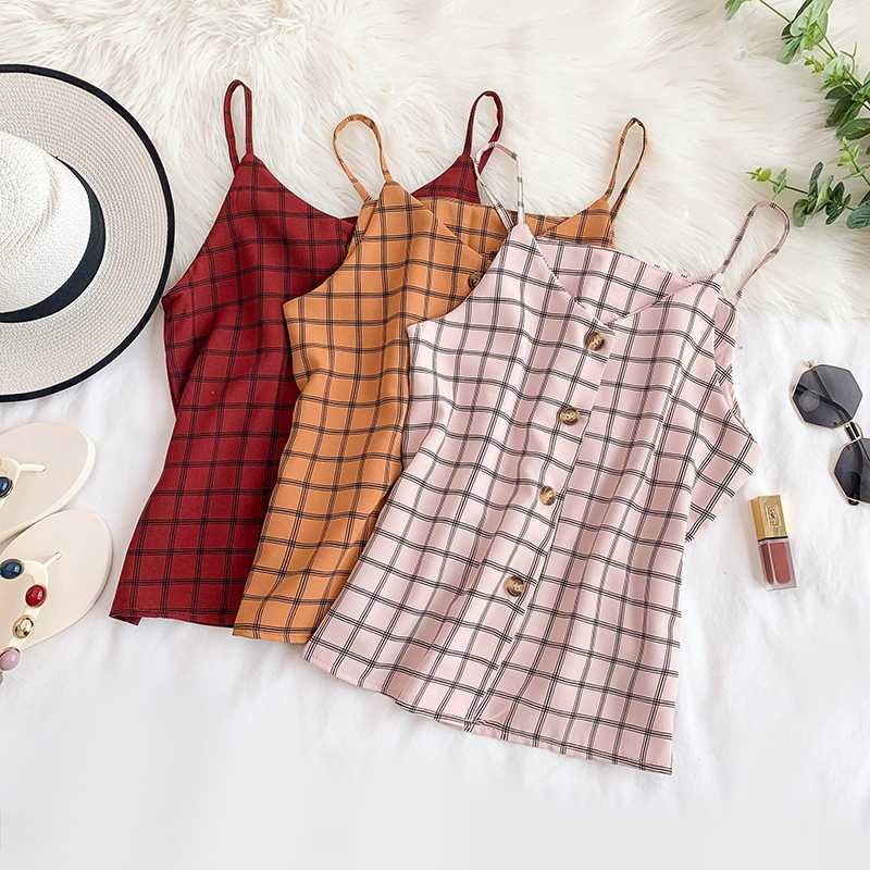 

Woman Vest Strap V-neck Sleeveless Sexy Chiffon Tank Tops Korean Style Vintage Plaid Office Lady Button Loose Female Tops, Black
