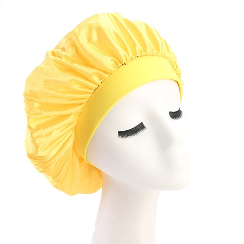 

Womens Faux Silk Bonnet Cap Wide Elastic Band Solid Night Sleep Hat Wrap Pleated 57BF, Zq