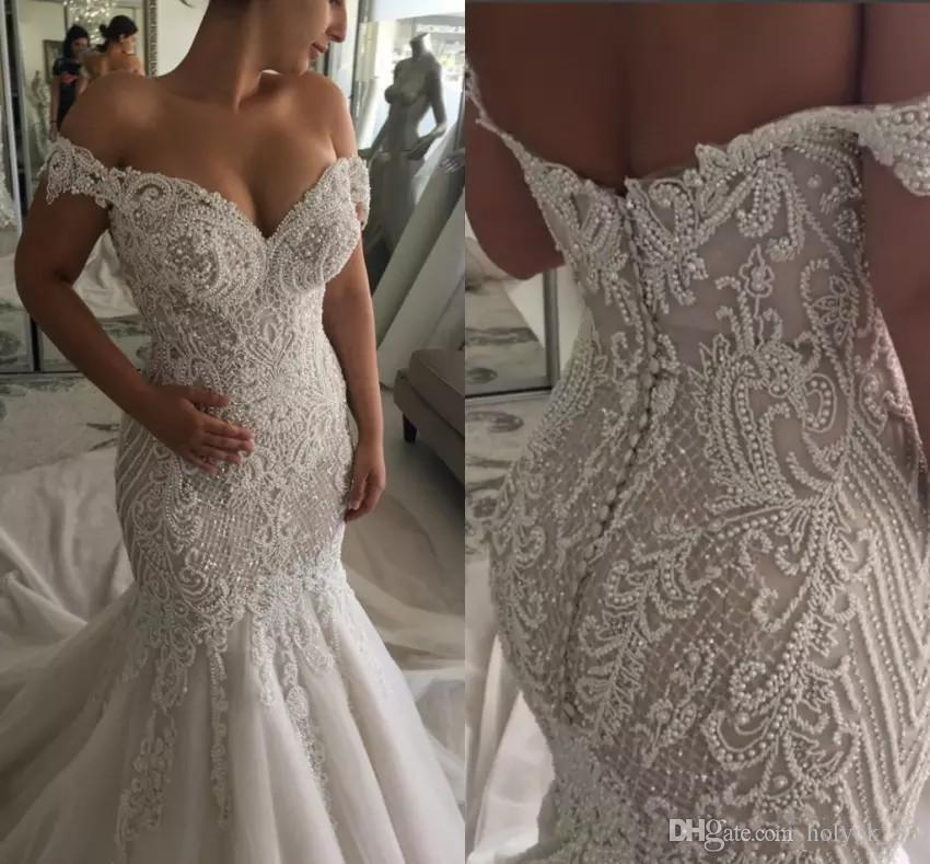 

2020 New Luxury Mermaid Wedding Dresses Pearls Lace Appliques Off Shoulder Plus Size Wedding Dress Sweep Train Country Beach Bridal Gowns, Khaki