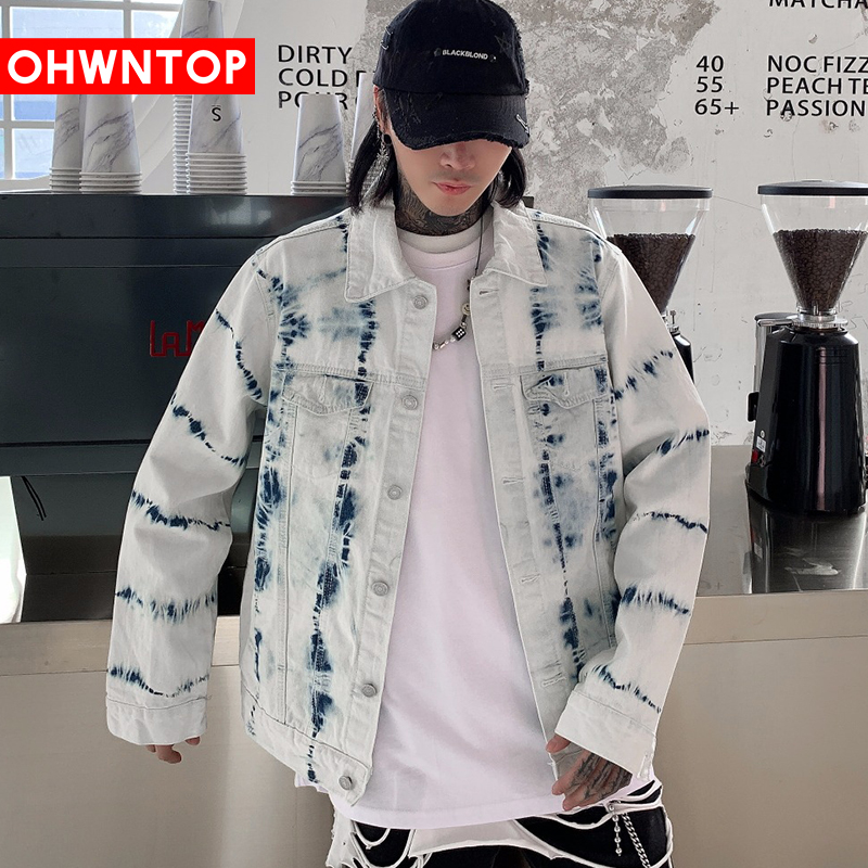 

Tie Dyeing Denim Jackets Men Fashion Street Jeans Jacket Hip Hop Jackets Men Long Sleeve Painted Streetwear Harajuku Carg Coats, Sky blue-white