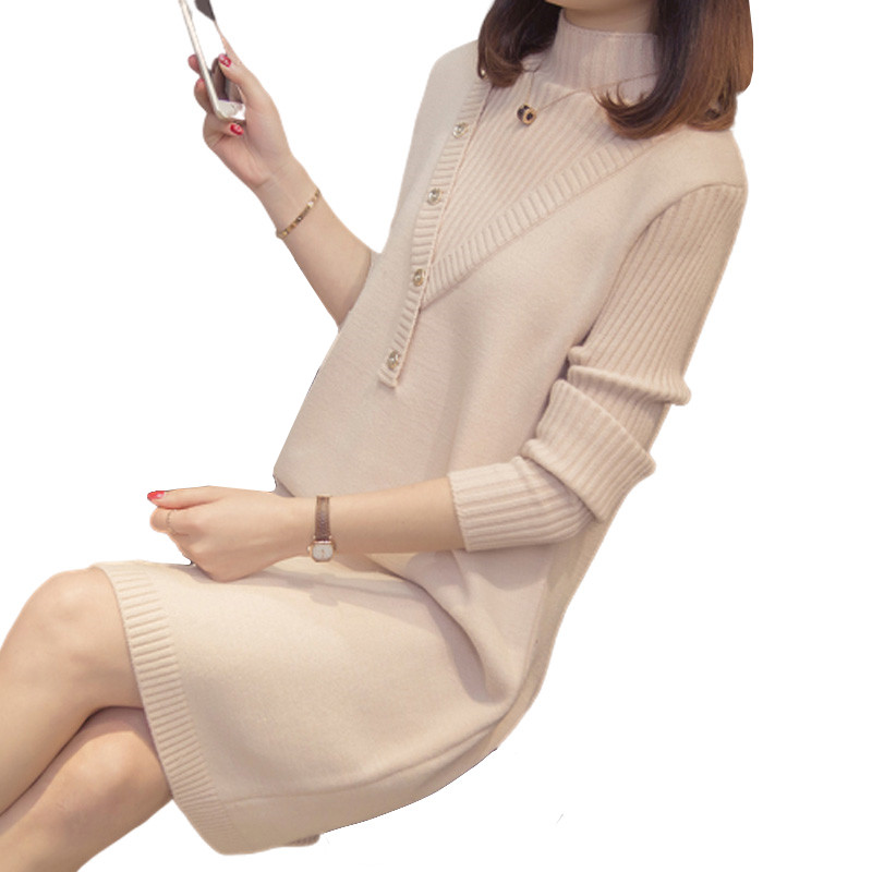 

New Autumn Turtleneck Warm Women Sweater Dress Long Sleeves Female Pullovers Dress Slim Knitwear Knitted Dresses Vestidos M474, Apricot