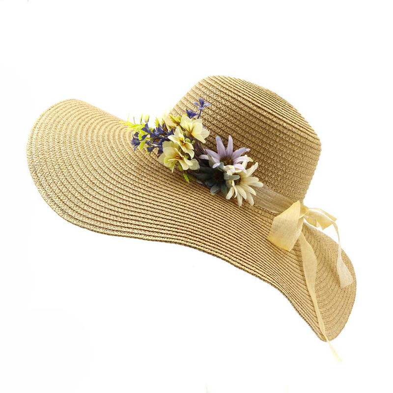 

2019 Summer Paper Straw Large Wide Sun Hats Floral Decorate Women Ladies Girls Beach Sunbonnet Foldable Female Topee Sunhat, Khaki