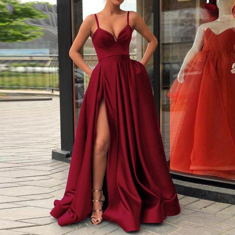 

Champagne Muslim Evening Dresses 2020 High Slit Satin Spaghetti Straps Sweetheart A-Line Long Prom Dress Burgundy Evening Gown, Dark green