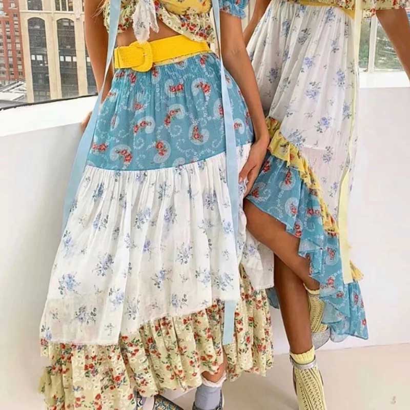 

Boho Inspired Wild floral printed maxi skirt tiered ruffle trim skirts women elastic waist boho skirt gypsy girl long 2020, Green
