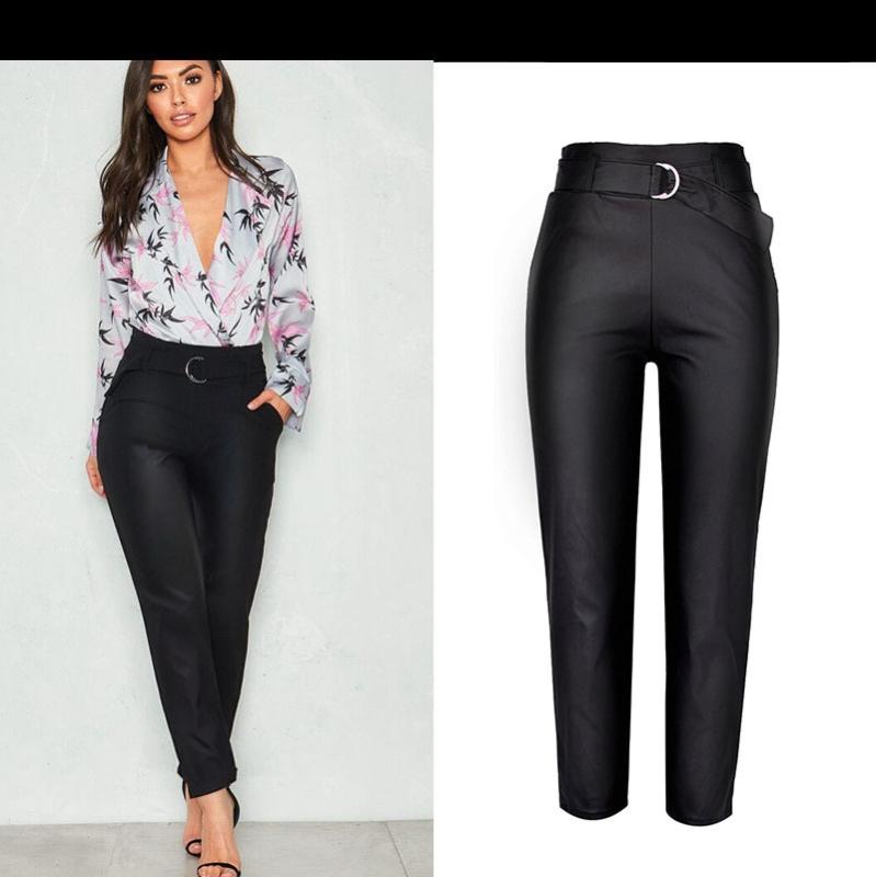 

Fashion Faux Leather Denim Jeans Women 2020 Spring Autumn Elastic High Waist Pu Pants Trousers Casual Belt Black Female K350