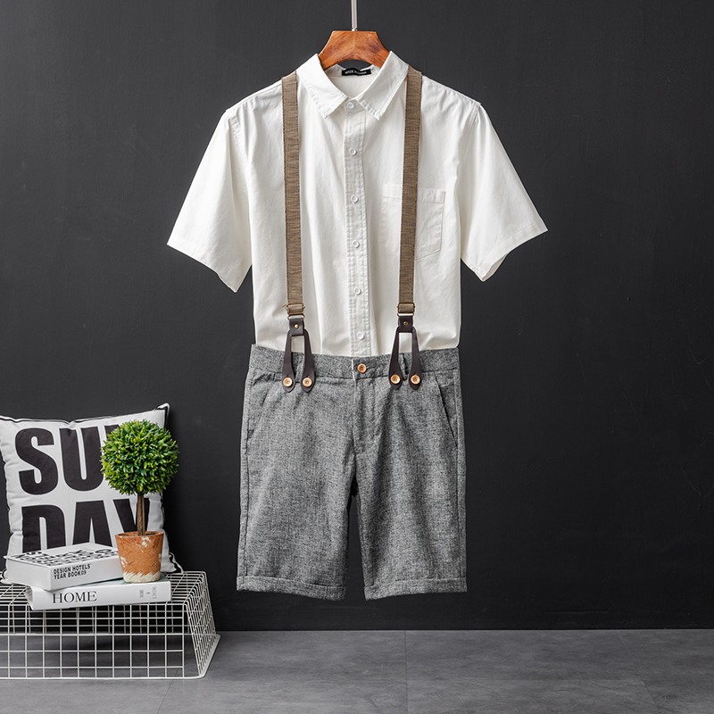 

Summer thin casual shorts men's Japanese suspenders five-point pants Korean slim suspenders, Blue