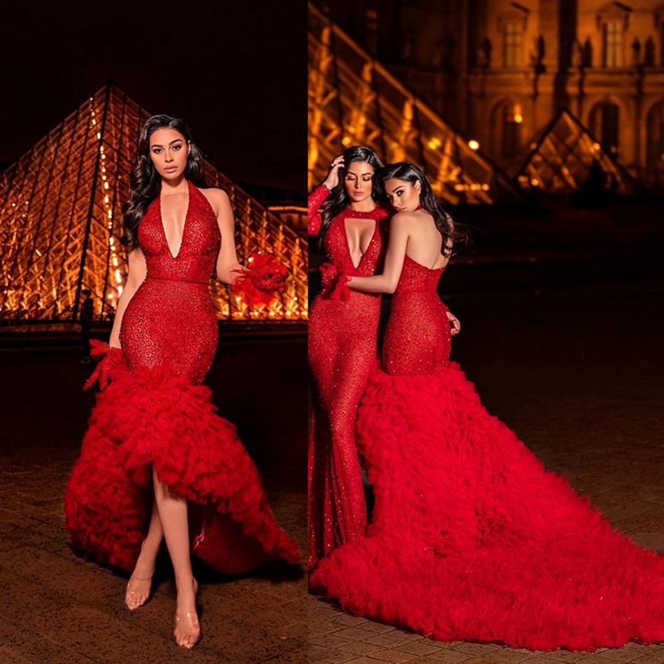 2020 Elegant Prom Dresses Halter Neck Mermaid Evening Gowns Custom Made Lace Appliques Beads Sweep Train Special Occasion Dress