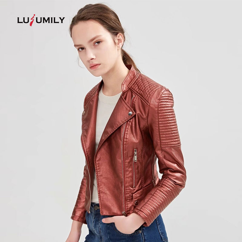 

Lusumily Moto Biker Leather Jacket Women Zipper Soft Pu Faux Leather Coat Soft Pu Jackets Jaqueta Couro Rock Cuir Femme Casaco, Black