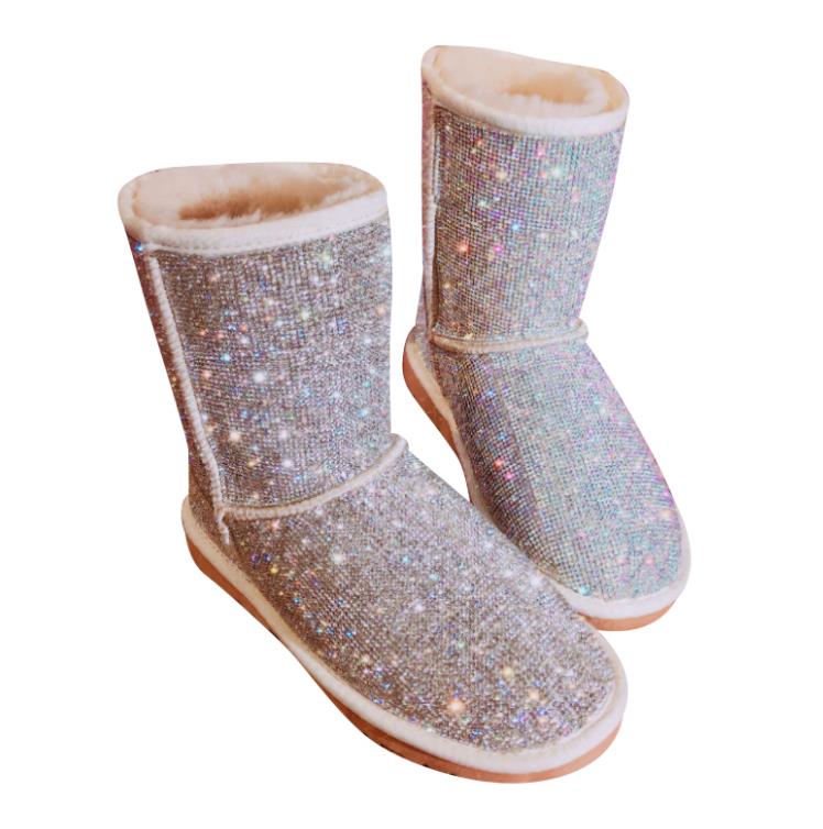 

Hot Sale-EU43 Big Size Warm Winter Boots Women Handmade Rhinestones Snow Boots Fur Shoes Woman 2018 Fashion Bling Crystals Mid-Calf, Blue