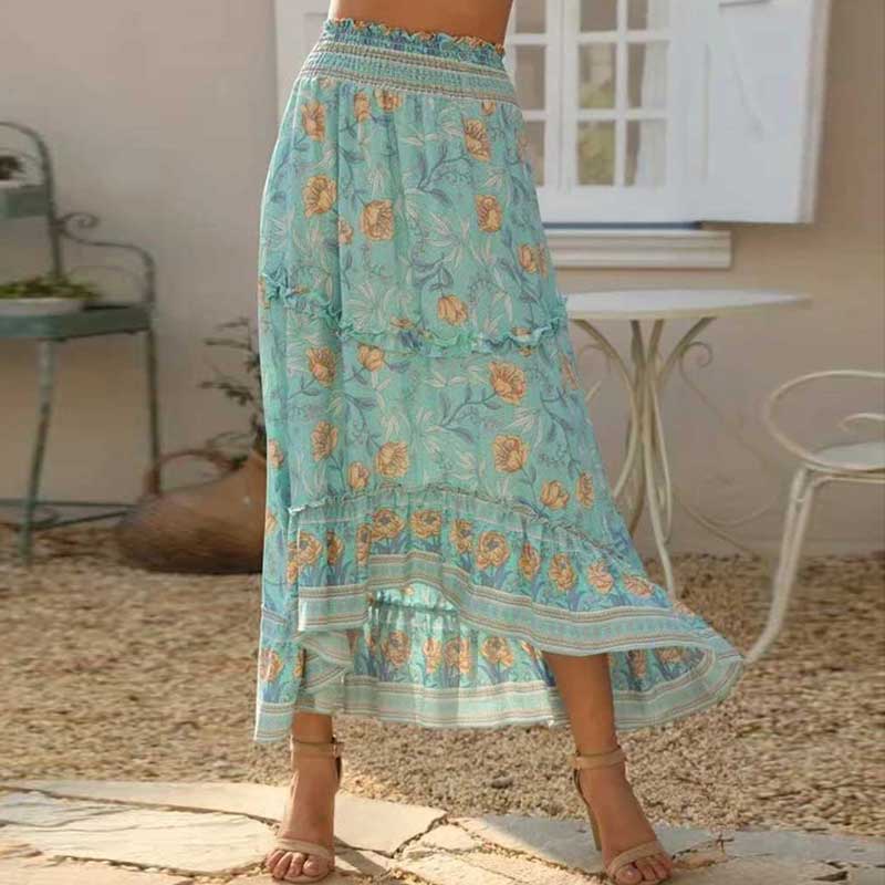 

Boho Inspired blue long boho skirt for women cotton elastic asymmetrical skirts womens floral skirts women new 2020 summer skirt, Orange