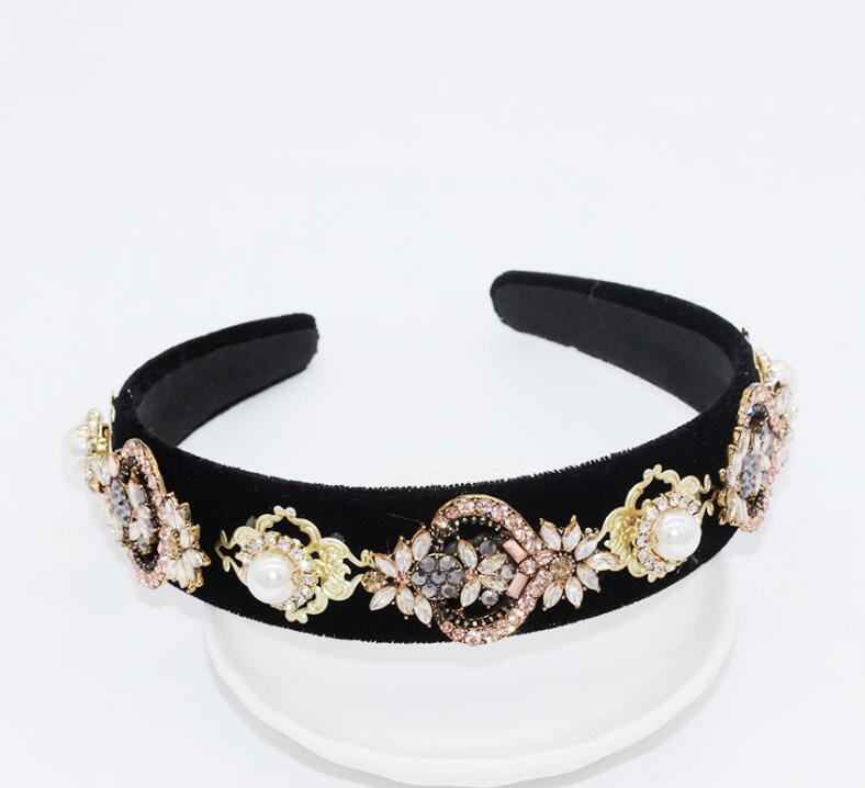 

Baroque fashion headband with gem geometric flower velvet hairband accessories, Black