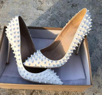 

Hot Sale- fee new style Casual Designer white patent leather studded spikes point toe high heels shoes pumps bride wedding party shoes, 12cm heel