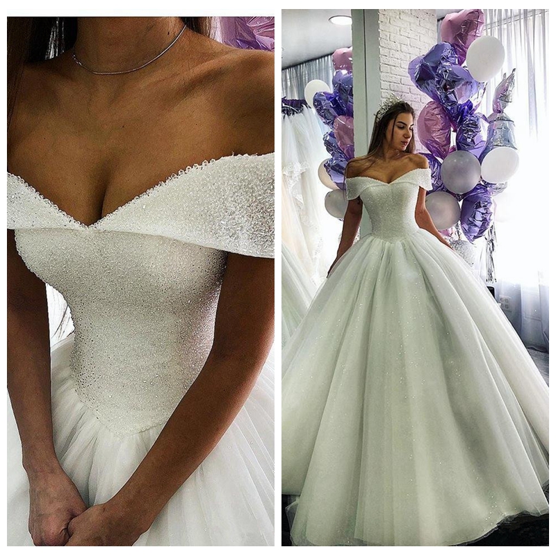 

Off Shoulder Ball Gown Wedding Dresses 2020 Formal Bridal Gowns Lace Up Back Customized Spring Vestidos De Marriage Spring, Champagne