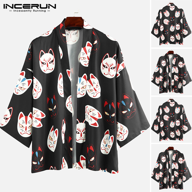 

INCERUN Vintage Cat Pattern Floral Cardigan Outwear Fashion Man Casual Long Sleeve Printed Shirts Loose Kimono Camisa Masculina, Black