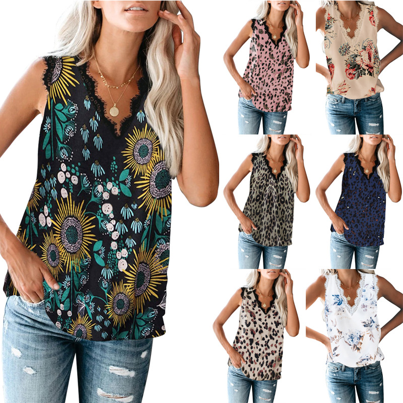 

Women Sexy V Neck Vest Strappy Summer Leopard Lace Patchwork Sling Casual Tank Tops Newest Ladies Sleeveless Shirts XXL, Black
