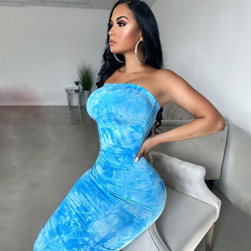 2020 Tie Dye Ruched Strapless Maxi Dresses Sexy Women Tube Top Bandeau Skinny Bodycon Clubwear Party Maxi Dress Female Vestidos